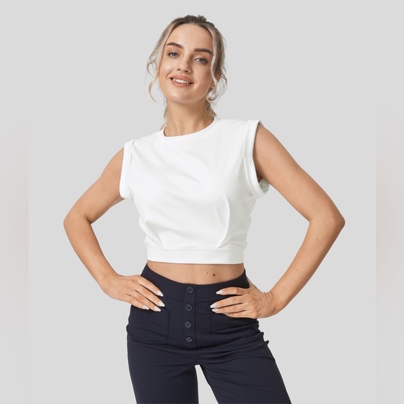 Halara White Crew Neck Sleeveless Cropped Yoga Tank Top | NEW/NWT!!🩶🩶 - Picture 1 of 11